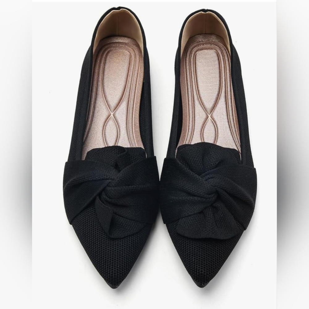 NIB TWO SIZE FEET Women's Black Knit Pointed Toe Bow Twist Flats- 7.5 & 8- Dress